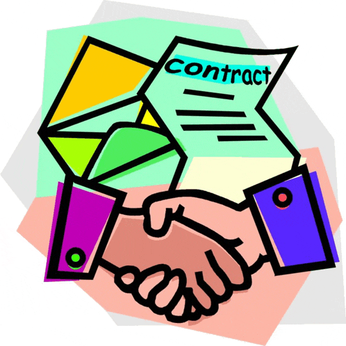 a cartoon drawing of two people shaking hands with a contract behind them