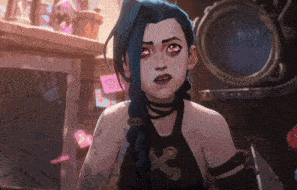 a cartoon character with blue hair and red eyes has a tattoo on her arm that says x