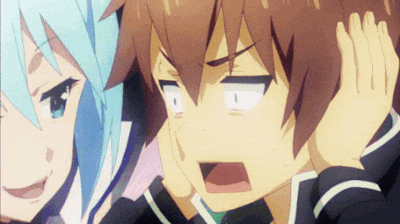 a couple of anime characters are standing next to each other and one of them is covering his ears