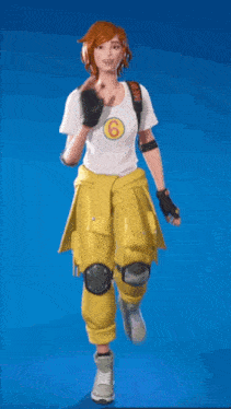 a girl in a white shirt and yellow pants with the number 6 on it is walking on a blue background .