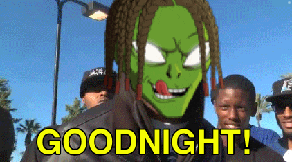 a cartoon of a man with dreadlocks and a green mask says goodnight