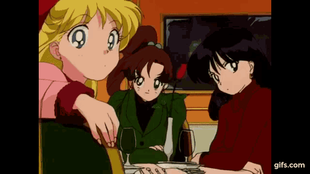 three anime characters are sitting at a table with wine glasses .
