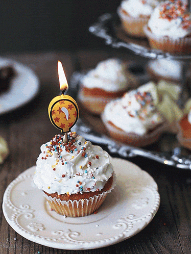 a cupcake on a plate with a candle on top