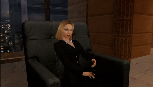 a computer generated image of a woman sitting on a couch holding a cane