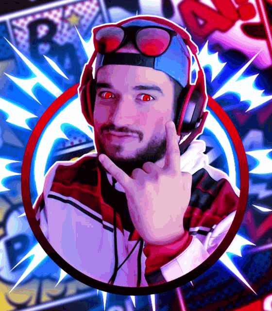 a man with red eyes wearing headphones and a blue hat with the letter r on it