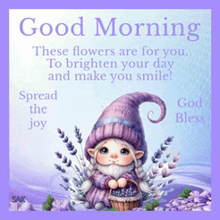 a good morning greeting card with a gnome holding a basket of flowers