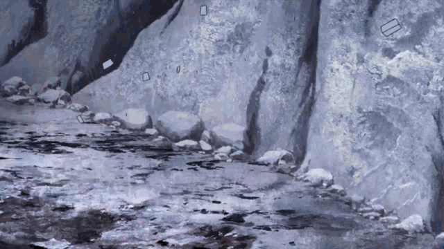 a painting of a river surrounded by rocks and a sign that says ' a ' on it