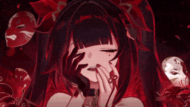 a close up of a girl covering her face with her hands in a red background
