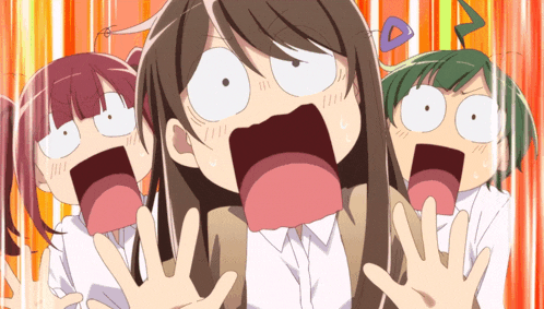 a girl with her mouth wide open is surrounded by two other girls