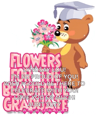 a teddy bear in a graduation cap is holding a bouquet of pink flowers .