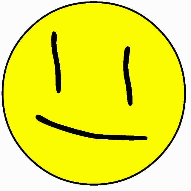 a yellow smiley face with black eyes and a white mouth