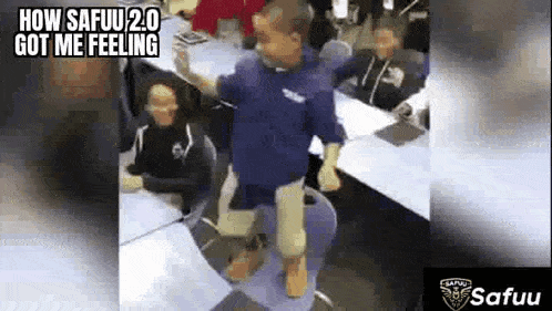 a young boy is standing on top of a chair in a classroom with other children .