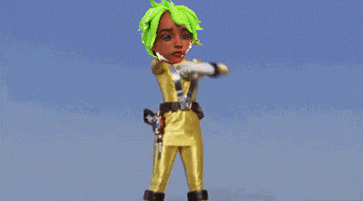 a girl with green hair is wearing a yellow outfit with the number three on it