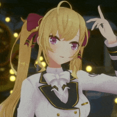 a girl with blonde hair and purple eyes is wearing a white and black uniform