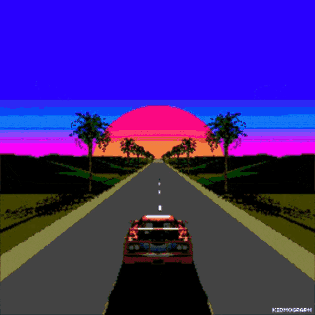 a pixel art of a car driving down a road with palm trees in the background