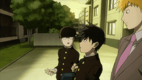 a group of anime characters are standing on a sidewalk in front of a building