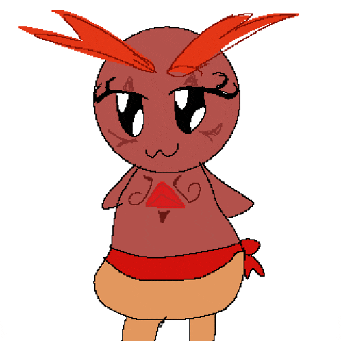 a pixel art drawing of a cartoon character with a red triangle on his chest