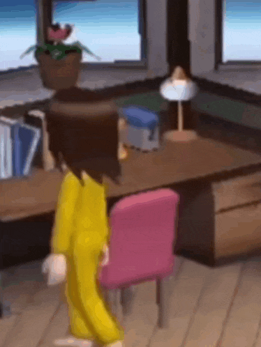 a cartoon character is standing next to a pink chair in a room .