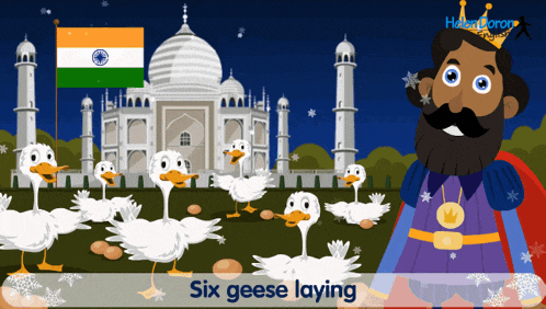a cartoon of six geese laying in front of a mosque