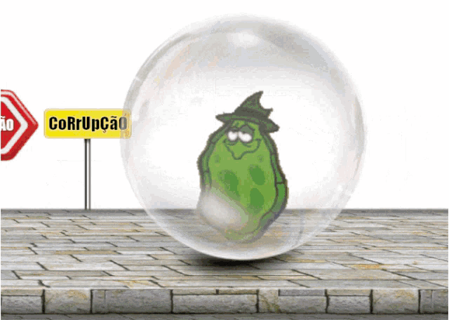 a cartoon character in a bubble with a sign that says corrupcao
