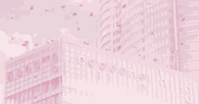 a pink background with a few buildings and flowers flying in the air .