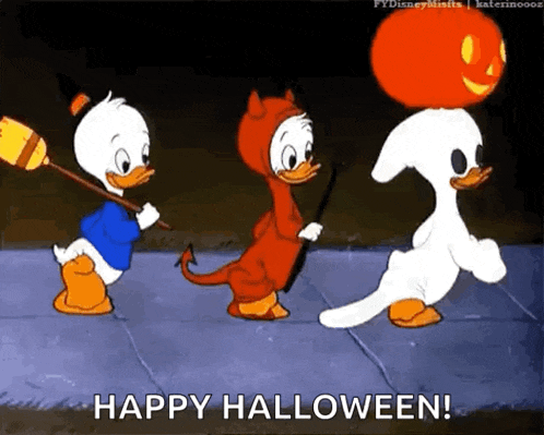 a cartoon of three ducks dressed in halloween costumes with the words happy halloween written below them