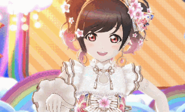 a girl with flowers in her hair is wearing a white dress and earrings