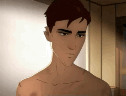 a shirtless cartoon character is standing in front of a mirror in a room .