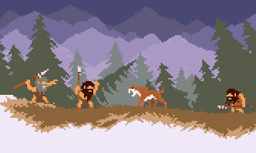 a pixel art illustration of a caveman and a dog
