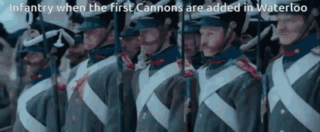 a group of soldiers are lined up in a line with the caption infantry when the first cannons are added