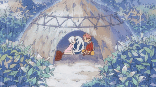 a couple of anime characters sitting in a hut