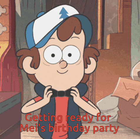 a cartoon character with the words getting ready for mei 's birthday party