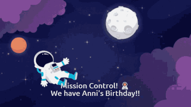 an advertisement for anni 's birthday shows an astronaut floating in space