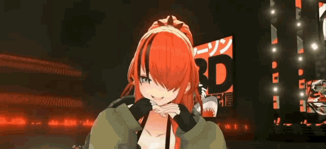 a girl with red hair is standing in front of a sign that says rd on it
