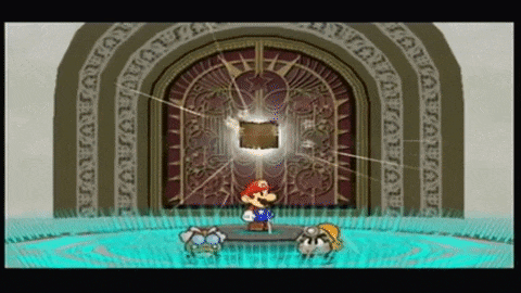 a video game scene with mario standing in front of a gate