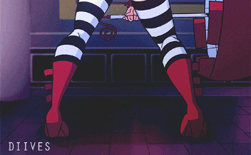 a cartoon of a woman in striped pants and red heels with the words diives below her