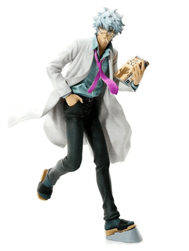 a figurine of a man in a lab coat is holding a book that says ' tokyo ghoul ' on it