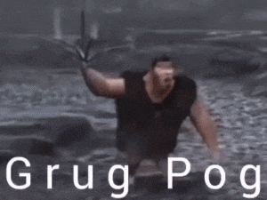 a man holding a stick in the water with the words grug pog written on the bottom