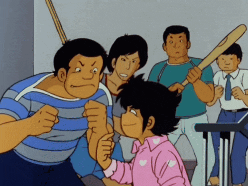 a group of cartoon characters are standing around a girl in a pink shirt