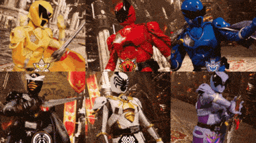 a collage of images of a group of power rangers with swords