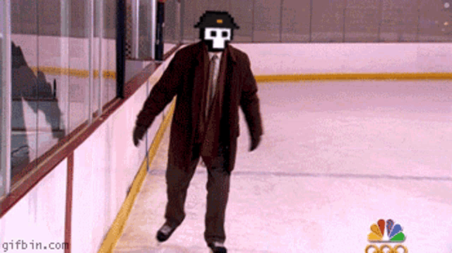 a pixelated image of a man walking on an ice rink with a nbc logo behind him