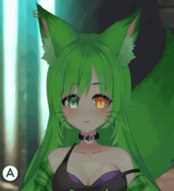 a girl with green hair and cat ears is wearing a black top and a choker .