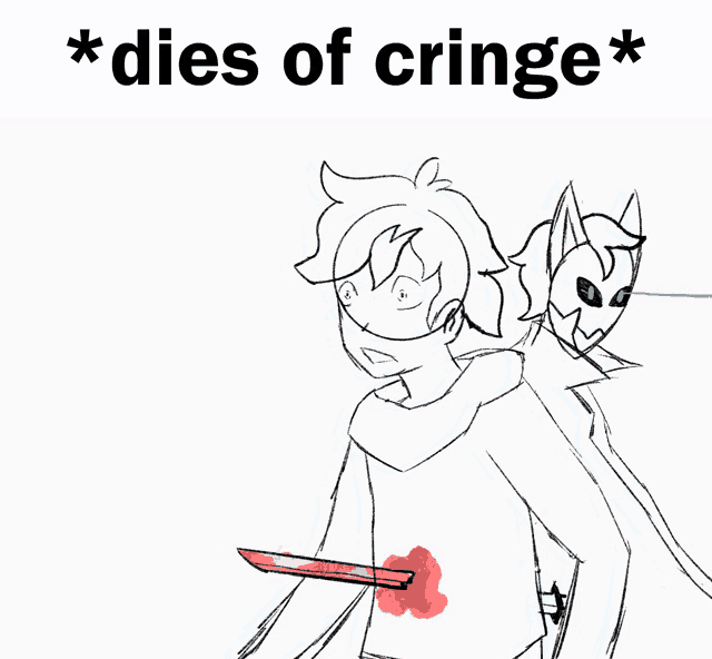 a black and white drawing of a person with a sword in their chest and the words * dies of cringe *