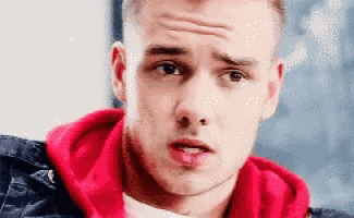 a close up of a young man wearing a red hoodie and a black jacket .