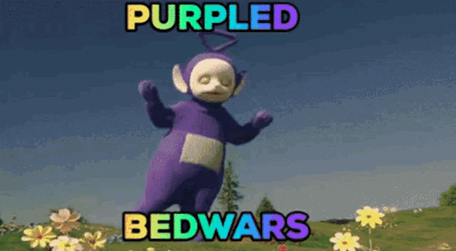 a purple teletubbies character is standing in a field of flowers