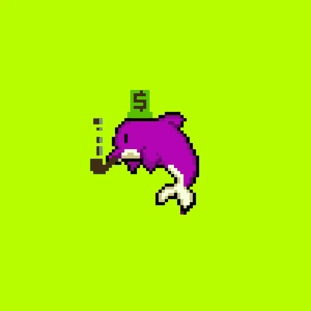 a pixel art of a dolphin smoking a pipe and wearing a hat with a dollar sign on it