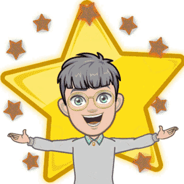 a cartoon of a boy standing in front of a star