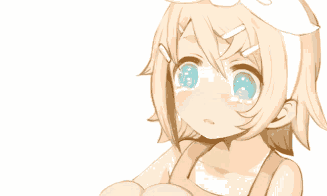 a girl with blonde hair and blue eyes is crying and wearing a pink tank top