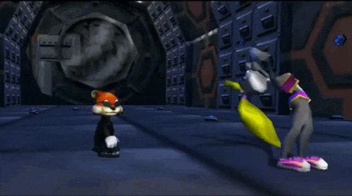 a cartoon character standing next to another character in a dark room