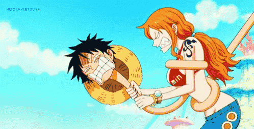 a woman is holding a straw hat over a man 's head in a one piece cartoon .